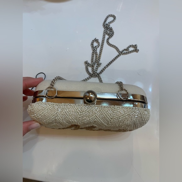 Mrs. Beaded cross body clutch- white & gold w/ silver chain - Picture 2 of 4